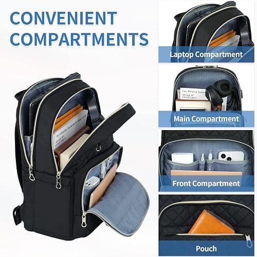 KROSER Laptop Backpack 15.6 Inch Stylish Daypack with USB Charging Port, Water-repellent Nylon School Backpack Backpack for Travel/Business/Women/Girls-Black thumbnail 2