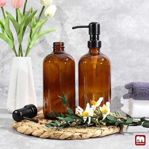 GMISUN Amber Glass Soap Dispenser, 2 Pack Bathroom Hand Soap Dispensers with Stainless Steel Pump, 17 Fl Oz Kitchen Hand and Dish Soap Dispenser Set, Modern Vintage Liquid Brown Soap Dispensers Bottle thumbnail 2