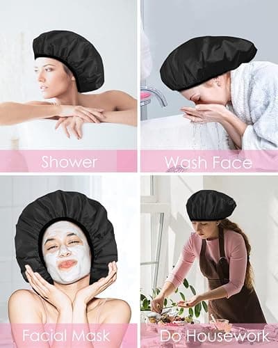 Aquior Shower Cap,Terry Lined Shower Cap for Women Reusable, Triple Layer Waterproof Bath Cap, Extra Large for Women Long Hair(Black) thumbnail 9