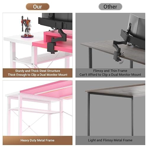 Armocity Computer Desk with LED Lights, 55 Inch Desk with Power Outlet and USB, Reversible Large Desk with Moveable Monitor Stand, 55.2'' Gaming PC Table for Home Office, Workstation, Pink and White thumbnail 8