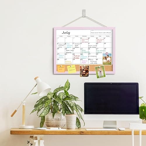 Dry Erase Calendar Cork Board Combo, 17x13 Inches Calendar Whiteboard for Wall, Small Magnetic White Board with Pink Wood Framed, Dry Erase Board for Planner Office Kitchen Home Memo thumbnail 2