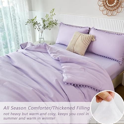 PERFEMET 5 Pieces Lavender Purple Comforter Set Twin Aesthetic Boho Solid Bed Comforter Sheet Set with Pompoms Soft Microfiber Light Purple Bed in A Bag for Girls Kids(Lavender, Twin) thumbnail 5
