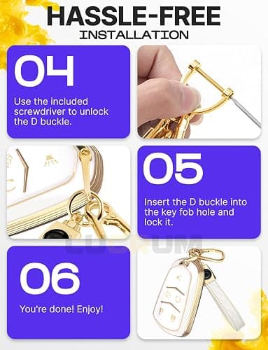 Lucrum Compatible with Cadillac Escalade Key Fob Cover & Leather Keychain, 5 Buttons Keyfob Case for ATS CTS CT6 SRX XT4 XT5 XT6 - (2015-2023) - White and Gold thumbnail 7