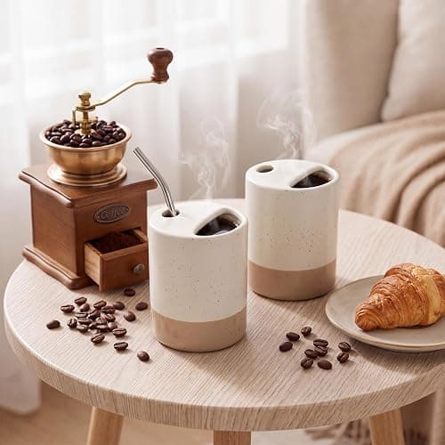 Hushee 2 Pack Color Block Ceramic Coffee Mugs with Sip Hole | 10 oz, Beige and White Espresso Cups, Half Lid, Boho Ceramic Mugs, for Iced Coffee, Home Office Daily Supplies thumbnail 7