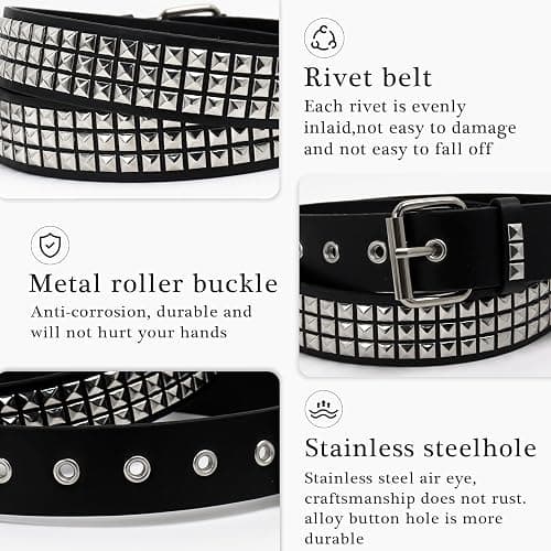 AEXHOT 3 Pcs Black Studded Belt Y2K Belt Star Gothic Punk Rock Belts with Grommet Threads Bright Metal Pyramid for Women Men thumbnail 4