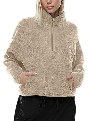 LASLULU Womens Half Zip Pullover Cropped Sweatshirts Sherpa Fleece Jacket Fuzzy Sweaters Cute Winter Jackets with Pockets - Image 1
