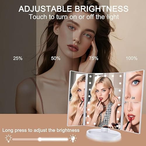 deweisn Floor Mount Tri-Fold Lighted Vanity Mirror with 21 LED Lights, Touch Screen and 3X/2X/1X Magnification, Two Power Supply Modes Make Up Mirror,Travel Mirror thumbnail 4