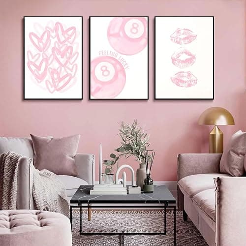 3Pcs Trendy Pink Preppy Canvas Wall Art Light Pink Cute Girly Lips Lucky 8 Ball Hearts Paintings Pictures Wall Decor Coquette Poster Printing Artwork for College Dorm Room Bedroom Home Decoration thumbnail 6
