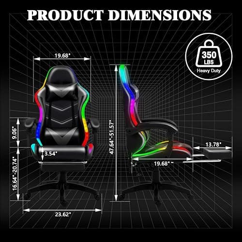 Czlolo Gaming Chair, Racing Style RGB LED Lights Gaming Chairs for Adults and Kids, Lumbar Massager Gamer Chair, High Back Reclining Computer Chair with Footrest and Headrest (Black/Gray) thumbnail 2