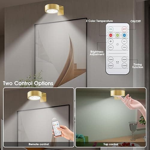 SIXDEFLY Picture Lights for Wall, 3 Lighting Modes Magnetic Art Display Light,Rechargeable Battery Operated Led Painting Light with Remote Control Dimmable & Timer,3Pack Gold thumbnail 4