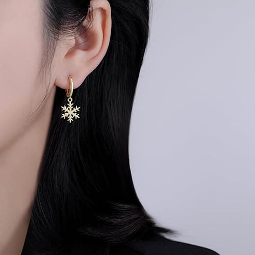 SLUYNZ 925 Sterling Silver Christmas Snowflake Hoop Earrings for Women Small Snowflake Hoop Earrings Drop Winter Holiday Earrings thumbnail 6