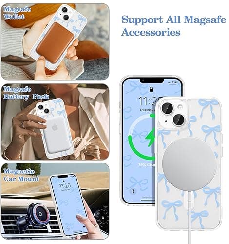 UEEBAI Magnetic for iPhone 14 & iPhone 13 Case, Bow Case Compatible with MagSafe, Wireless Slim Clear Ribbon Phone Cover Anti-Yellowing Shockproof Protective Cover for Women Girl - Baby Blue - Baby Blue - iPhone 13/14 thumbnail 2
