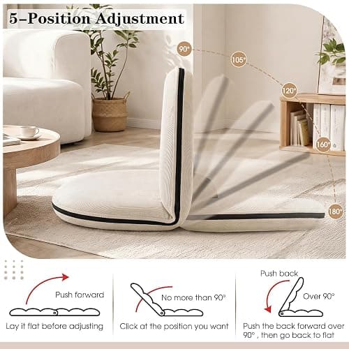 Xuhal Floor Chair with Back Support Adjustable 5 Foldable Position Floor Seat Thick Padded Tatami Seat Flexible Bleacher Recliner for Living Room Beach Bedroom Adults Meditation Reading Gaming(White) thumbnail 4