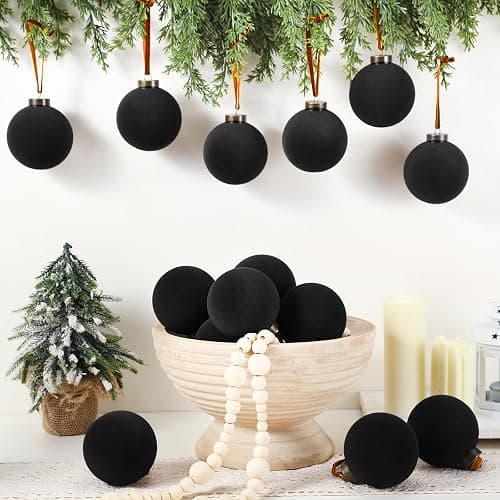 Liliful 15 Pcs Velvet Christmas Balls Bulk Flocked Christmas Tree Ball Ornaments Plastic Xmas Decorative Hanging Ornaments(Black,3.15 Inch) thumbnail 4