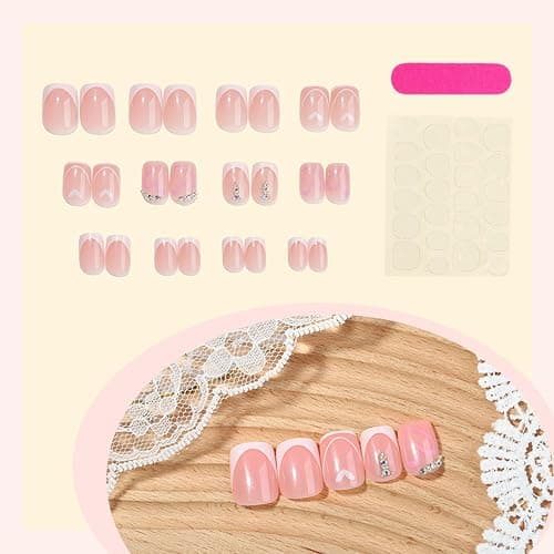 24Pcs French Tip Press on Nails with Nude Pink Hearts Design,Glossy Short Square False Nails Rhinestones Acrylic Fake Love Heart Stick on Fingernails Valentine's Press ons Cute Glue on Nail for Women thumbnail 3