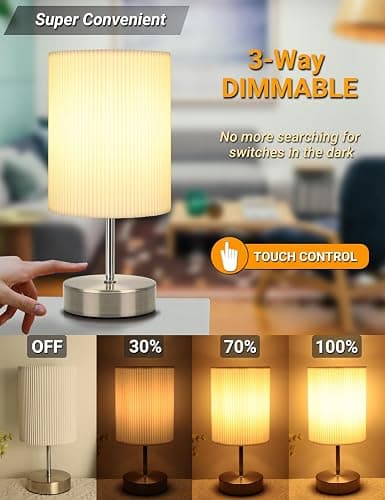 HSLighting Bedside Lamps, Touch Control Table Lamp 3-Way Dimmable Small Lamp with 3D Pleats Fabric Shade LED Minimalist Nightstand Warm White for Christmas Xmas Bedroom Living Room Gift Decor thumbnail 3