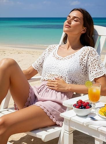 Dokotoo Womens Shorts Summer Casual Loose Elastic Waist Drawstring Lace Boho Beach Cover Up Shorts thumbnail 2