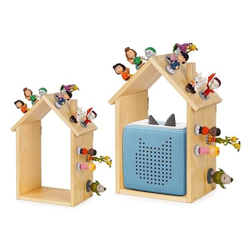 for Tonies Shelf Magnetic - for Tonies Figure Organizer Kids Room, Wooden Display Shelf for Tonies Box Holder, Wall Floating Shelves Toy Storage, House Shape Set of 2 with 38Pcs Adhesive Metal Plate - Image 1