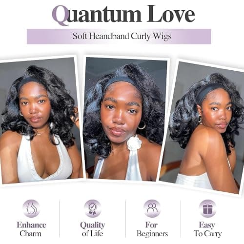 Quantum Love Yaki Curly Headband Wigs for Black Women - Kinky Straight Black Headband Curly Ends Synthetic Wear and Go Glueless Half Wig with Headbands Attached thumbnail 3