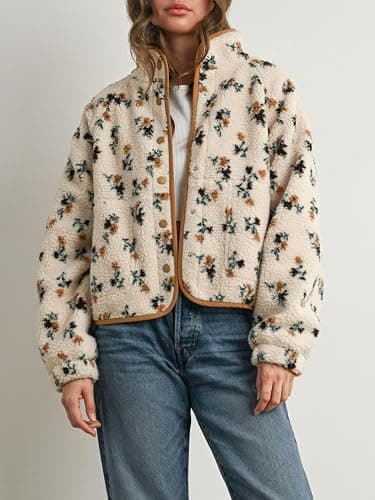 Joiemont Womens Floral Print Fluffy Fleece Jacket Snap Button Winter Teddy Fleece Jacket Casual Faux Fur Outwear thumbnail 4