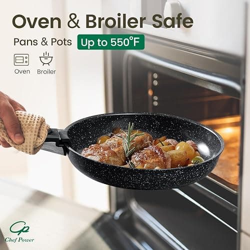 Chef Power Ceramic Nonstick Cookware Set 19 Piece with Detachable Handle, Induction Dishwasher Oven Safe Pans and Pots Set, RV Kitchen Set Removable Handle, Rock Stone Black thumbnail 7