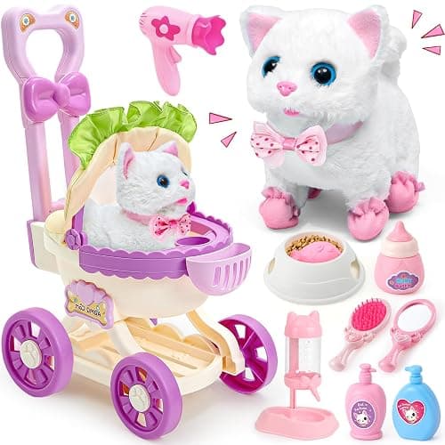 G.C Cat Toys for Kids Girls, Electronic Interactive Stuffed Cat Walk Meow and Wag Tail with Stroller Pet Care Accessories Toys Pretend Play Birthday Gifts for Toddlers Girls 3 4 5 6 7 8 Year Old - Image 1