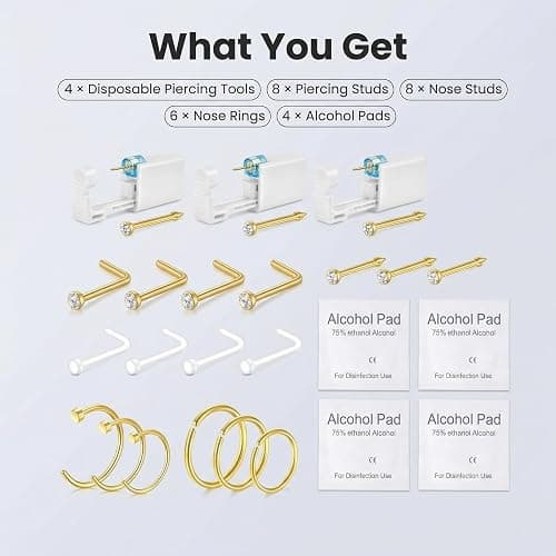 DJCIW 22PCS Nose Piercing Kit, Nose Piercing Guns with Preloaded 316L Stainless Steel 20G Nose Studs, UV Nose Screw Studs, and Nose Hoop Rings 6mm 8mm 10mm for Men Women Nose Piercing Golden thumbnail 6