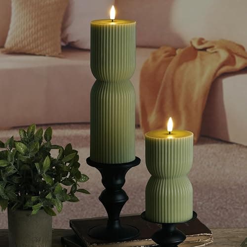 Girimax Olive Green Ribbed Flameless Pillar Candles with Remote, LED Candles Battery Operated Flickering Real Wax Set of 2 thumbnail 7