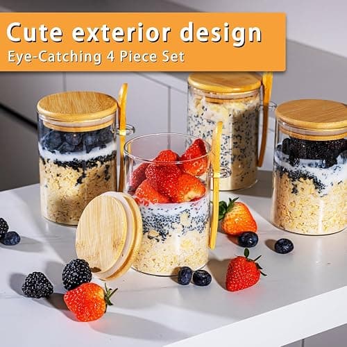 Overnight Oats Jar,4 Pack Meal Prep Containers With Lids, 16oz Oats Jar Glass, Overnight Oats Containers With Lids, Chia pudding jars with lids, Oatmeal Cups thumbnail 8