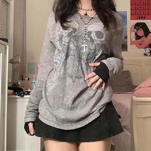 Women Y2k Fairy Grunge Shirt Vintage Graphic Print Long Sleeve Tee Tops Teen Girls Aesthetic Clothes Streetwear thumbnail 2