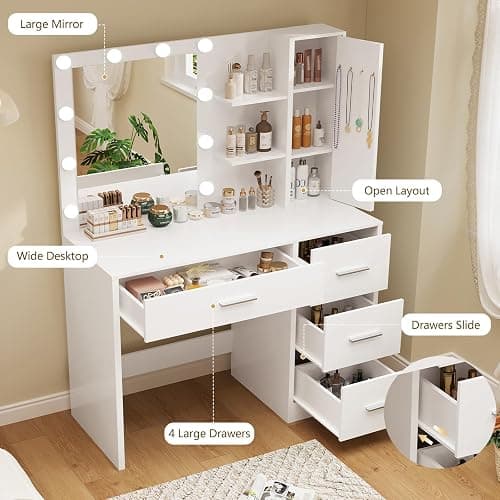 FIONESO Vanity Desk with Mirror and Lights, Makeup Vanity with 4 Drawers, Cabinet & 4 Necklace Hooks, White Vanity with Mirror and 10 LED Lights, Dressing Table for Women, Bedroom, White thumbnail 3