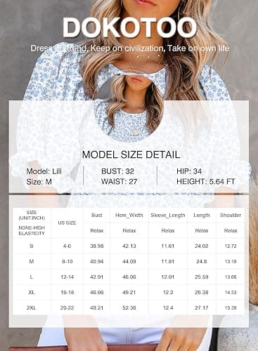 Dokotoo Floral Print Blouses for Women Crewneck Smocked Puff Sleeve Shirts Casual Babydoll Tops thumbnail 6