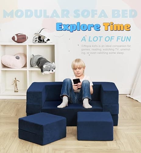 Elftopia Modular Kids Sofa,Toddler Couch Foam Armchair for Kids, Children Convertible Plush Sofa Play Set,Fold Out SofaBed(Navy) thumbnail 4