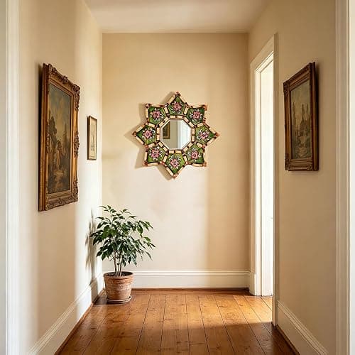 Starburst Decorative Wall Mirror Green Floral Hand-Painted Wooden Frame Shatterproof Acrylic Hanging Mirror Vintage Boho Moroccan Wall Mirror Decor for Living Room Bedroom Entryway Small Accent Mirror thumbnail 6