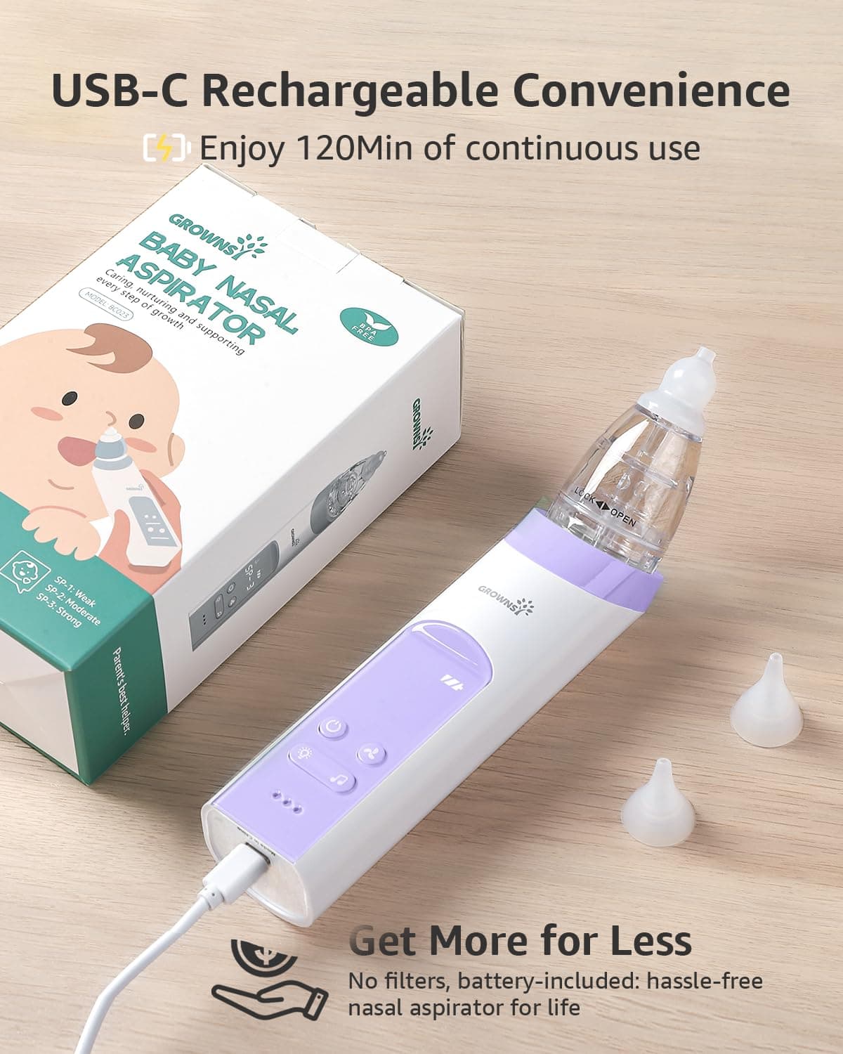Grownsy Nasal Aspirator for Baby, Electric Nose Aspirator for Toddler, Baby Nose Sucker, Automatic Nose Cleaner with 3 Silicone Tips, Adjustable Suction Level, Music and Light Soothing Function thumbnail 3
