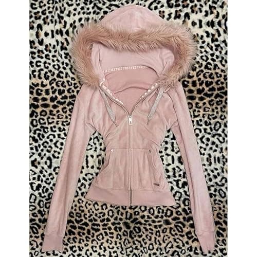Vintage Fur Hood Jacket Fitted Zip Up Long Sleeve Hoodie Retro Cute Winter Streetwear thumbnail 2