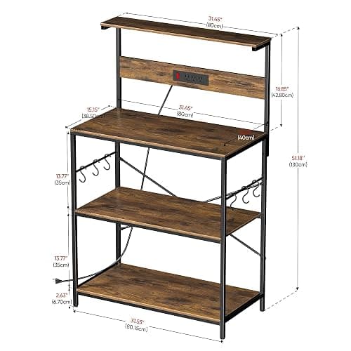 VUSIGN Kitchen Bakers Rack with Power Outlet, 4-Tier Coffee Stand with 6 S Hooks, Adjustable Kitchen Microwave Stand, Appliance Storage Shelf Rack for Spices, Pots and Pans, Rustic Brown,31.5" W thumbnail 3