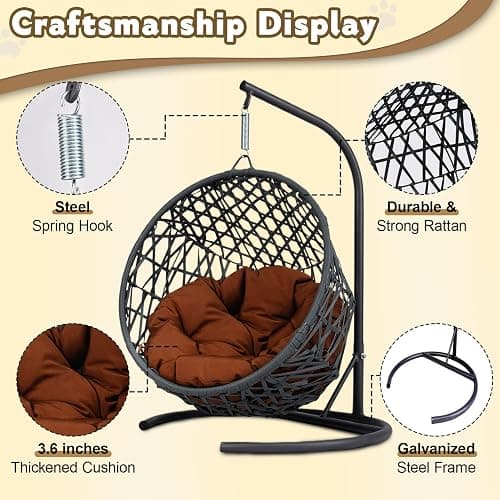 anwickjeff Cat Swing Bed with Steel Stand - Egg Chair with Rattan Wicker & Soft Cushion, Indoor Hanging Pet Bed for Kitten, Puppy, Small Dogs (Brown) thumbnail 3