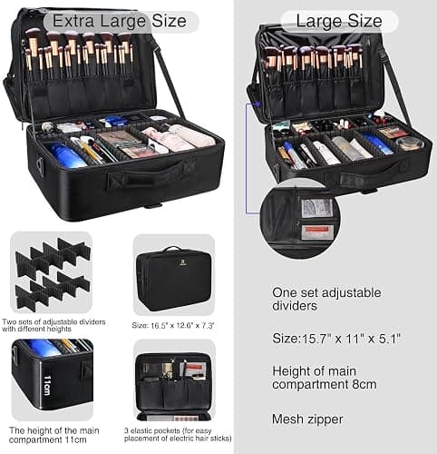Relavel Extra Large Makeup Case Travel Makeup Train Case Professional Makeup Artist Bag Portable Nail Organizer Box Art Supply Case with Adjustable Dividers/Attach to Trolley/Shoulder Strap (Black) thumbnail 3