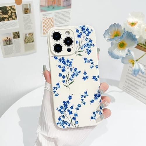 NITITOP Compatible with iPhone 13 Pro Max Case Cute Flower Floral Branch Leaves Pattern for Women Girls Trendy Slim Fit TPU Bumper Silicone Shockproof Full Camera Protection Cover - Blue thumbnail 4