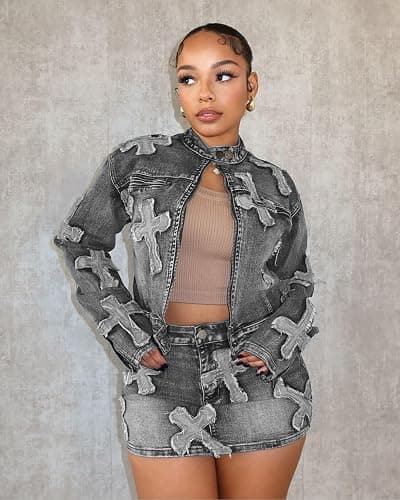Vssjavun Women 2 Piece Denim Outfit Sexy Long Sleeve Zip Up Jean Jacket Bodycon Mini Skirt Sets thumbnail 3