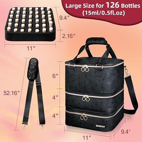 SIYNPAV Nail Polish Organizer Bag Holds 126 Bottles (15ml/0.5fl.oz)& Nail Lamp, 3 Layers Detachable Nail Kit Storage Case PU Leather, Large Travel Nail Supplies Shoulder Bag for Manicure Tools (Black) thumbnail 8