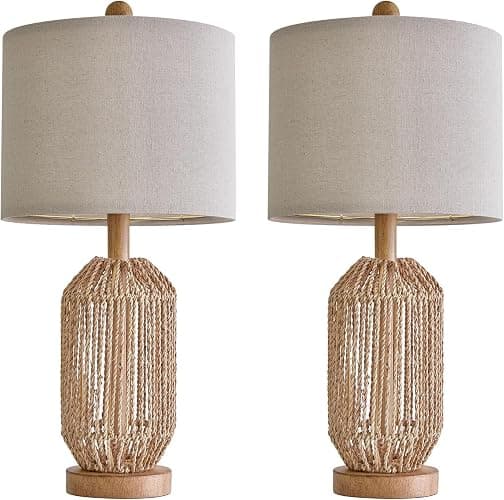 OYEARS 21" Boho Table Lamps Set of 2 for Living Room, Bedside Lamps for Nightstand, Rattan Lamp for Bedroom, Farmhouse Table Lamps for Boho Decor, End Table, Retro, Brown thumbnail 8