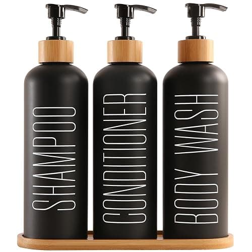 Prus Waso Shampoo and Conditioner Dispenser, Contains Shampoo Conditioner Body Wash Dispenser. Shower Dispenser with Bamboo Pumps & Tray, Perfect for Bathroom Essentials for New Home. (Black) - Black - Image 1