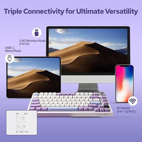 EPOMAKER Ajazz AK820 Pro 75% Wireless Mechanical Keyboard with TFT Smart Display&Knob, Gasket-Mounted Gaming Keyboard, BT/2.4GHz/USB-C Wired (Purple, Gift Switch) thumbnail 4