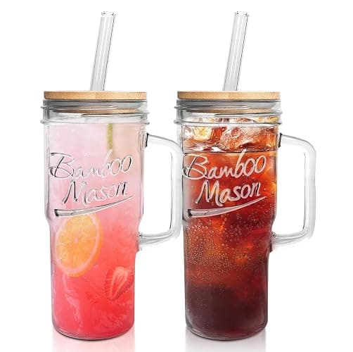 ANOTION Glass Cups with Lids and Straws - 24oz Tumbler with Handle Coffee Cups Glass Straws Glasses Mason Jar Cups Drinking Set Kitchen Essentials Coffee Bar Accessories House Warming Gifts New Home - Image 1