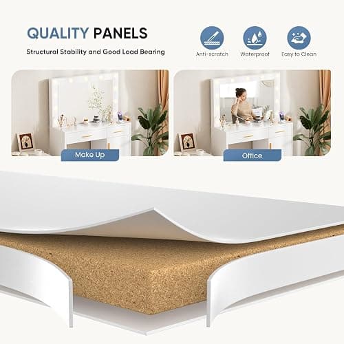 DUMOS Vanity Desk with Mirror and 11 LED Lights, Makeup Vanity Table with Charging Station (2AC/USB/C), Dressing Table with 2 Drawers & Large Cabinet, 3 Lighting Color Adjustable, White thumbnail 6