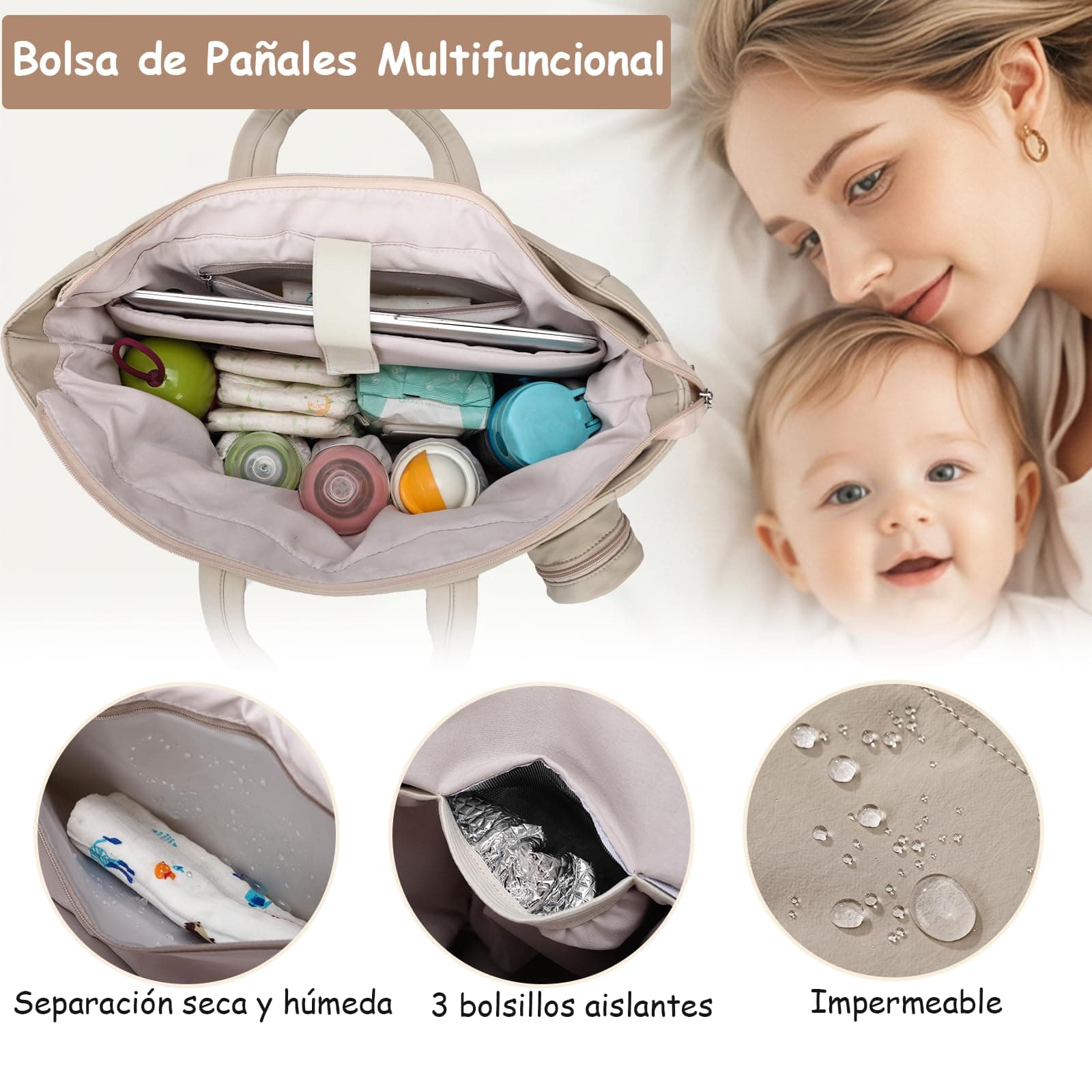 Pañales Mochila Multifuncional Bolsa Pañalera Plegable Gran Capacidad con Cambiador Portátil Impermeable y Estuche para Chupete, Pañalera Tipo Tote de Viaje Regelo Ideal para Mamás Papás thumbnail 5