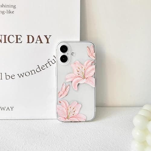 NITITOP Compatible with iPhone 16 Plus Case Clear Cute Butterfly Lily Flower Floral Pattern for Women Girls Full Camera Lens Clear Slim Shockproof Protective Phone Cover - Light Pink thumbnail 6