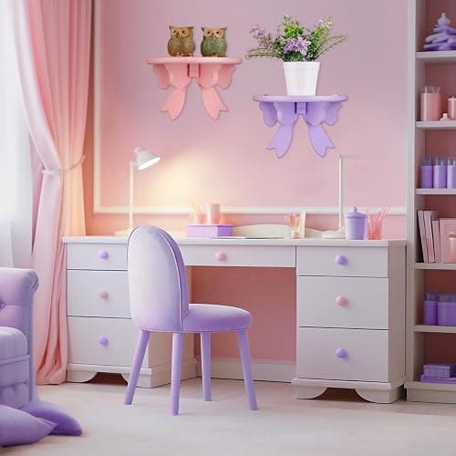 Pinkunn 2 Pcs Bow Floating Shelves Kawaii Shelf Book Stand Farmhouse Rustic Corner Wall Shelf Wooden Bow Tie Rack Princess Room Decor for Nursery Home Bedroom Office Wall Decor(Pink,Purple) thumbnail 4